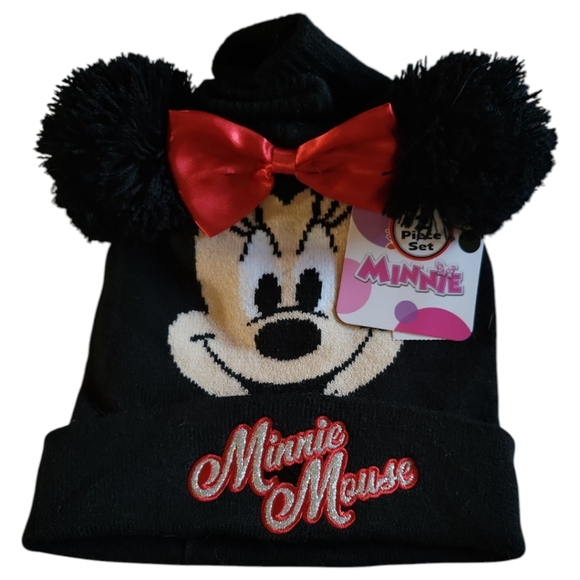 NWT DISNEY Kid's Toddler Minnie Mouse KNIT POM POM Beanie Glove SET BLACK/RED - Picture 3 of 5
